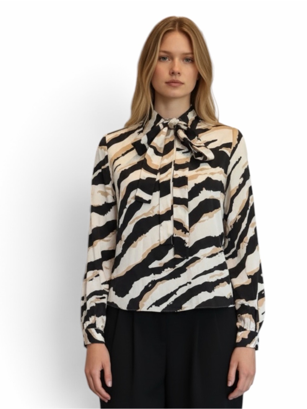 Gucci Zebra-Stripe Tie-Neck Blouse in Black, Cream & Beige